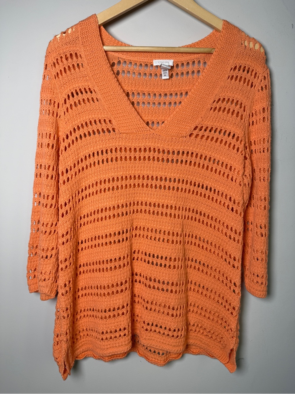 Chico’s Orange Crochet Linen Cotton Boho Pullover Tunic V-Neck 3/4 Sleeve - L